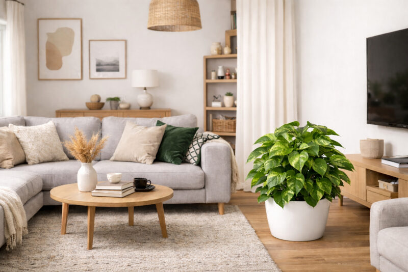 Epipremnum biljka u manjoj beloj saksiji pored sive ugaone garniture u uređenom dnevnom boravku