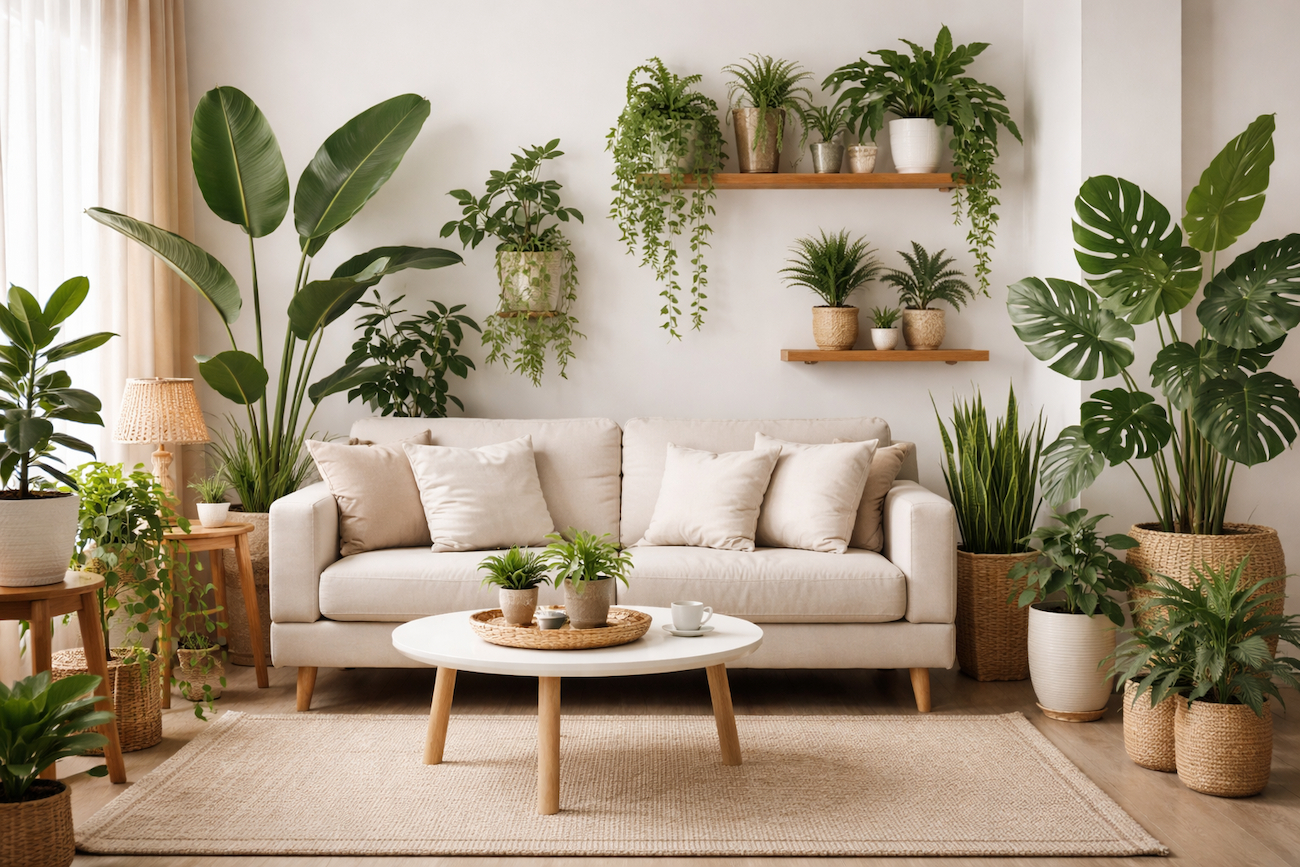 Moderan dnevni boravak sa više vrsta sobnih biljaka u saksijama raspoređenih oko sofe i polica na zidu